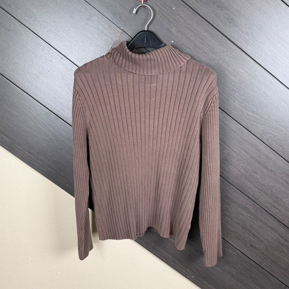 J Jill Women's XL Brown Ribbed Cotton Turtleneck Sweater Minimalist Y2K